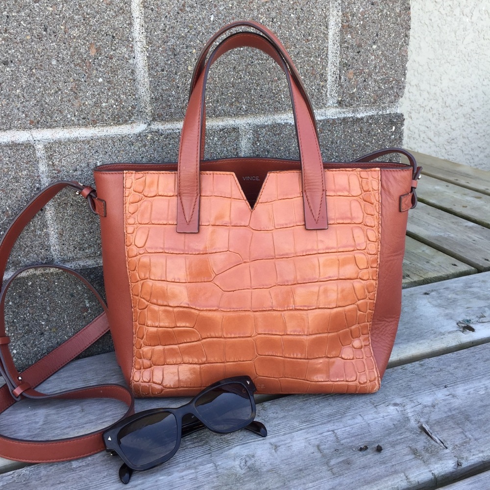 Vince Signature Baby V Croc Brown Leather Bag